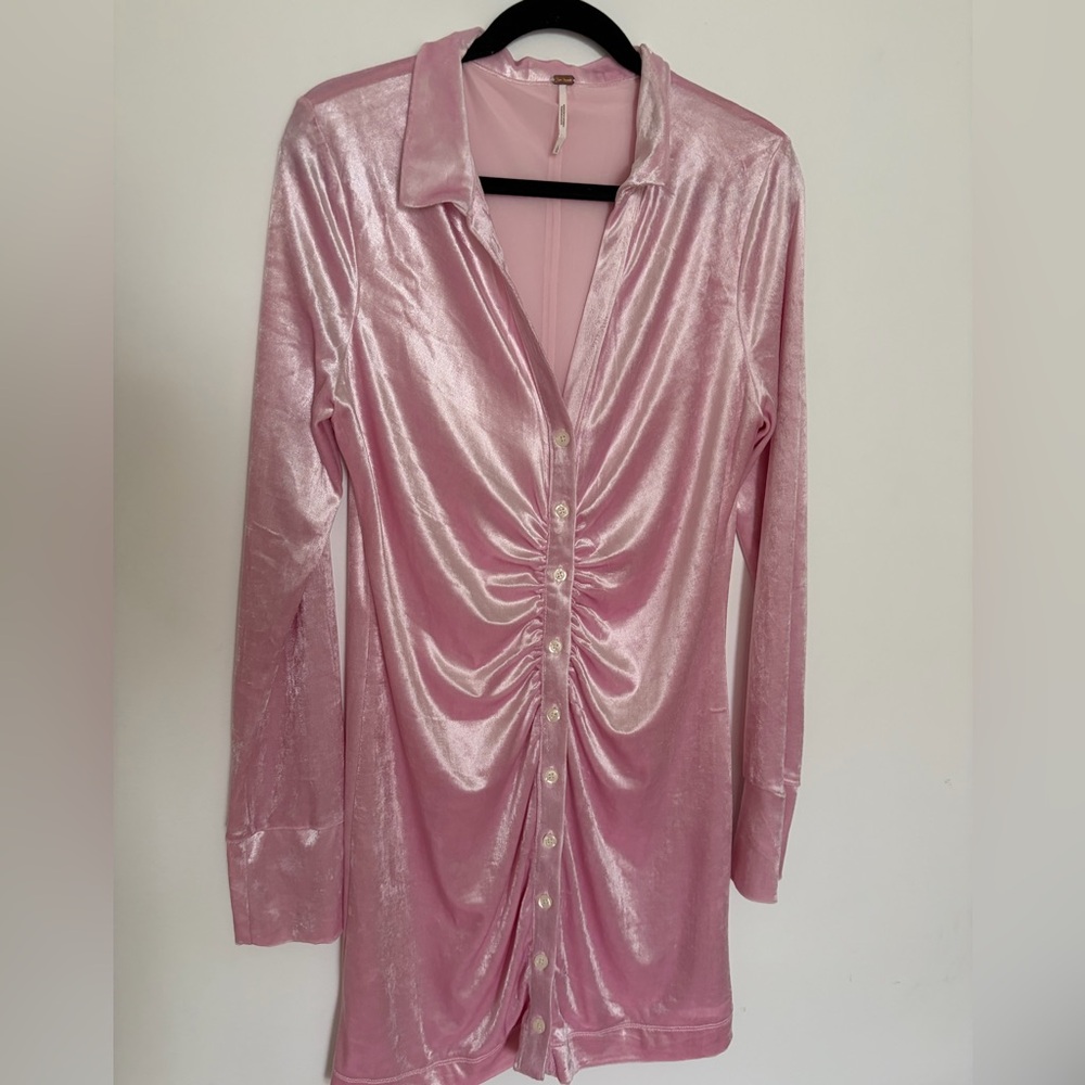 Free People Pink Ruched Button-Front Dress